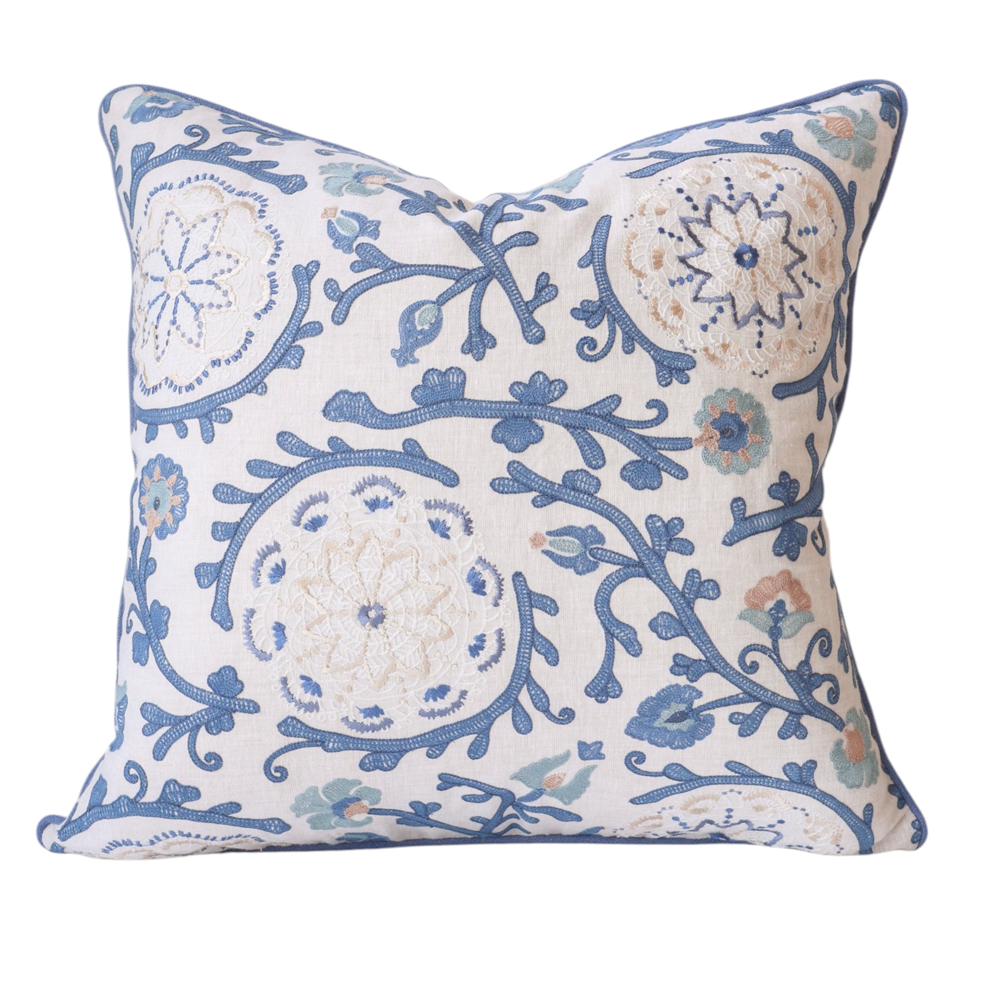 Blue Embroidered Floral Cushion