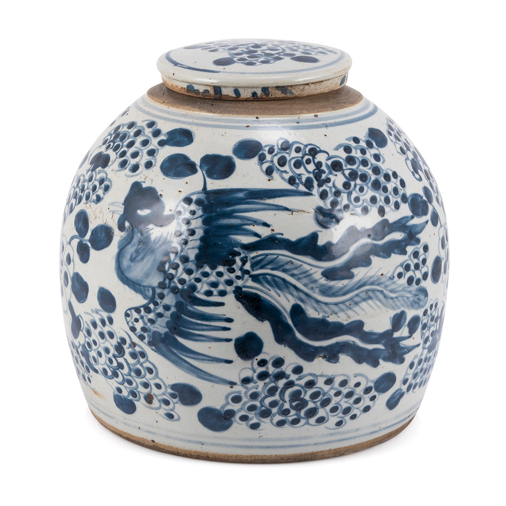 Blue & White Phoenix Ming Jar Lrg