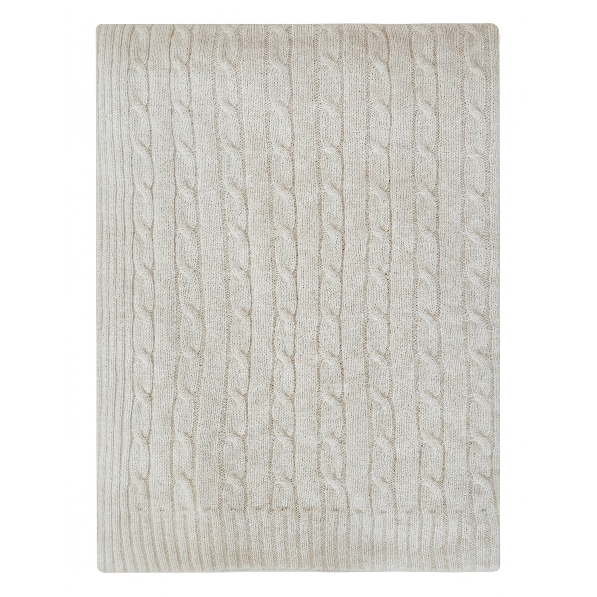 Throw blanket in cream with cable knit pattern on a white background