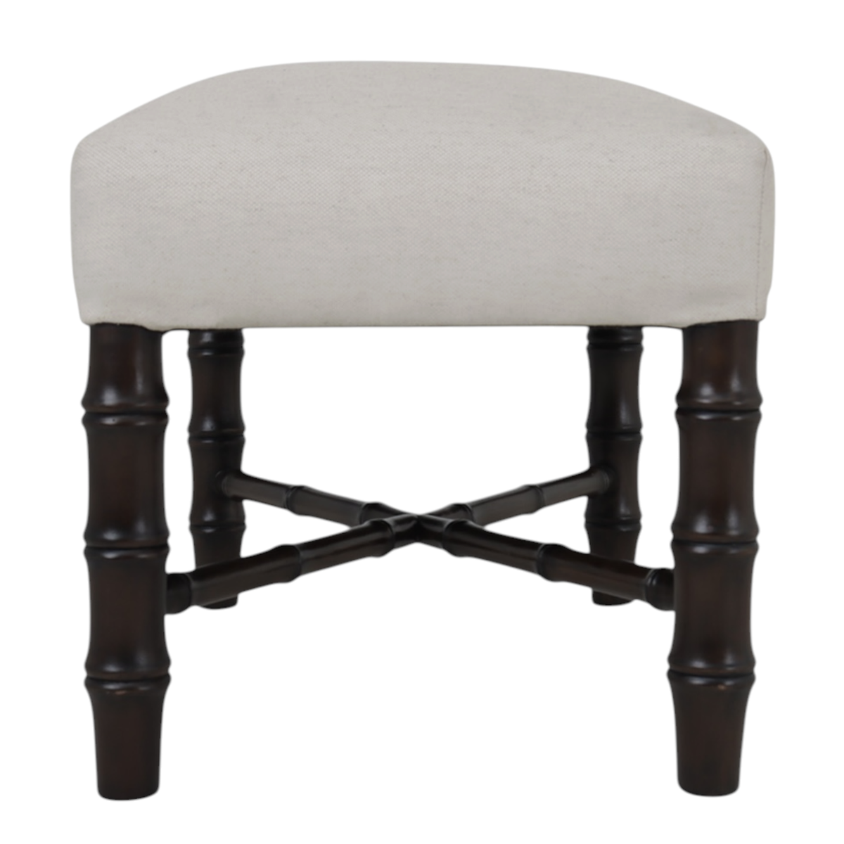 Side angle of stool with beige cushioned seat and dark wooden legs on a white background