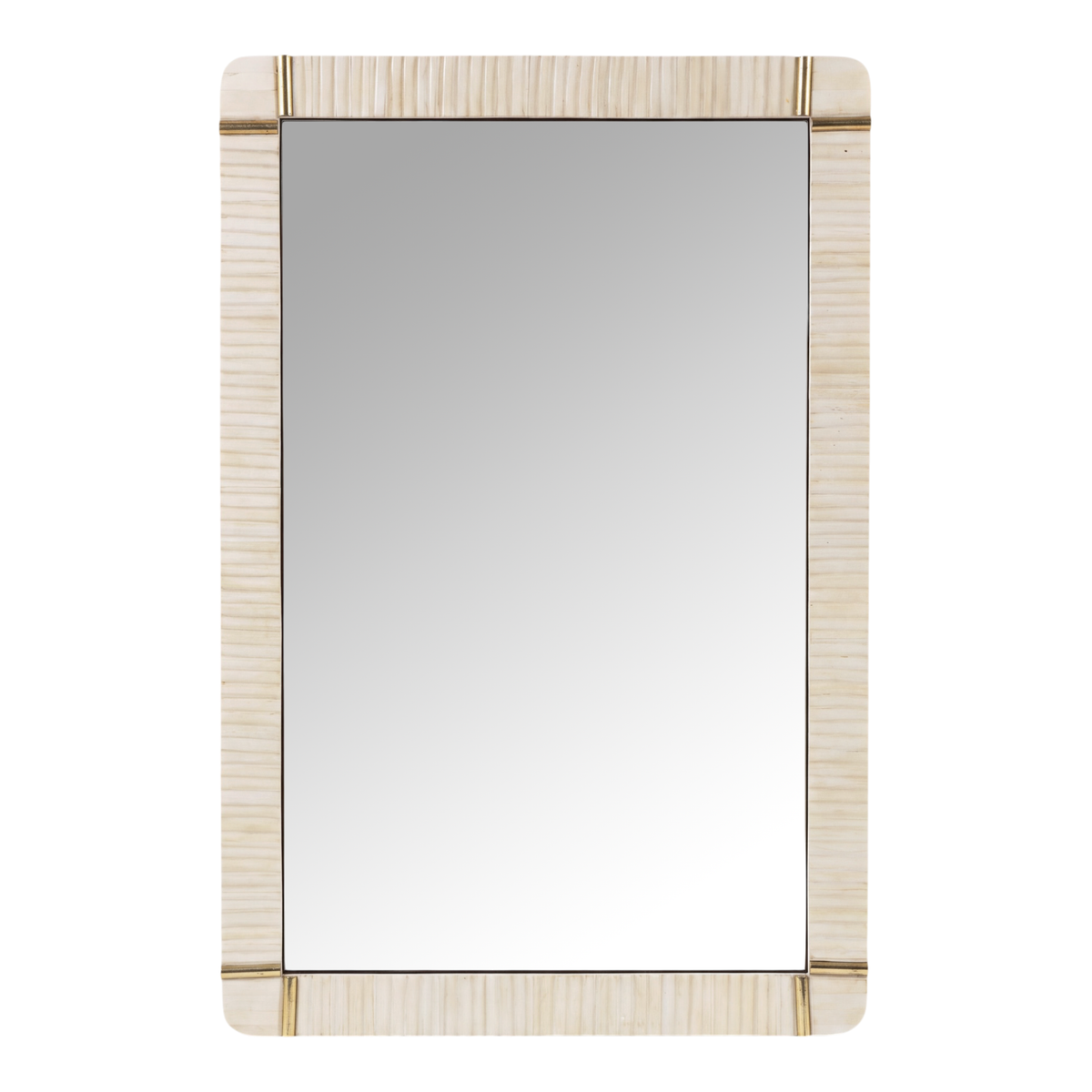 A rectangular wall mirror with a light natural wood frame and gold-toned metal corner accents, shown against a plain white background.