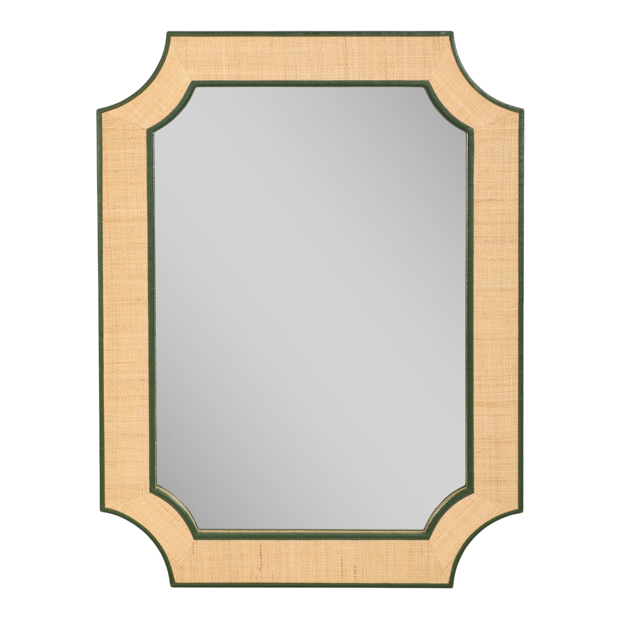 Raffia Mirror with Green Leather