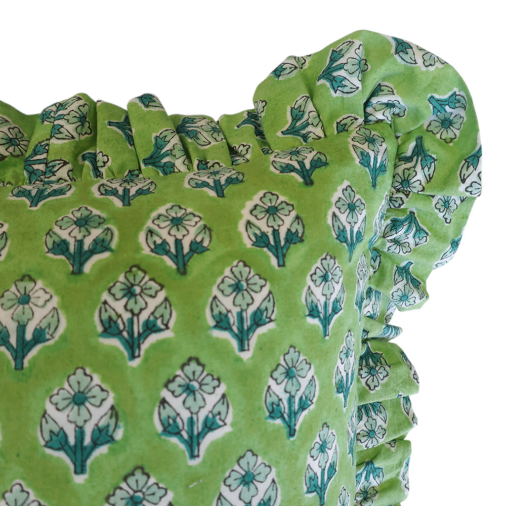 Herb Green & Floral Ruffle Cushion