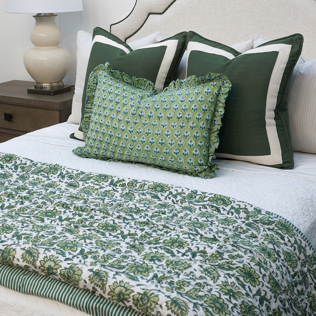 Herb Green & Floral Ruffle Cushion