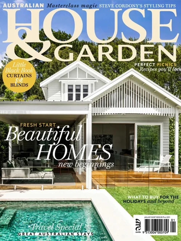 Front cover of House & Garden magazine featuring a large white villa with a pool in the foreground, green trees behind it, and prominent masthead text 'HOUSE & GARDEN'.