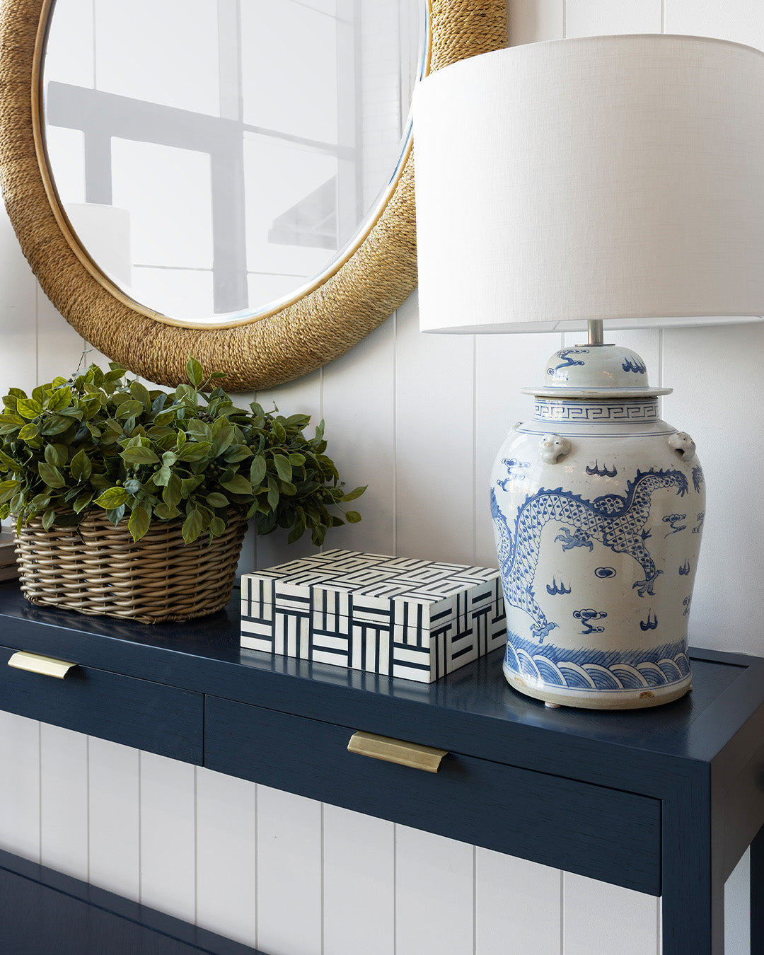 Navy & White Line Pattern Bone Box