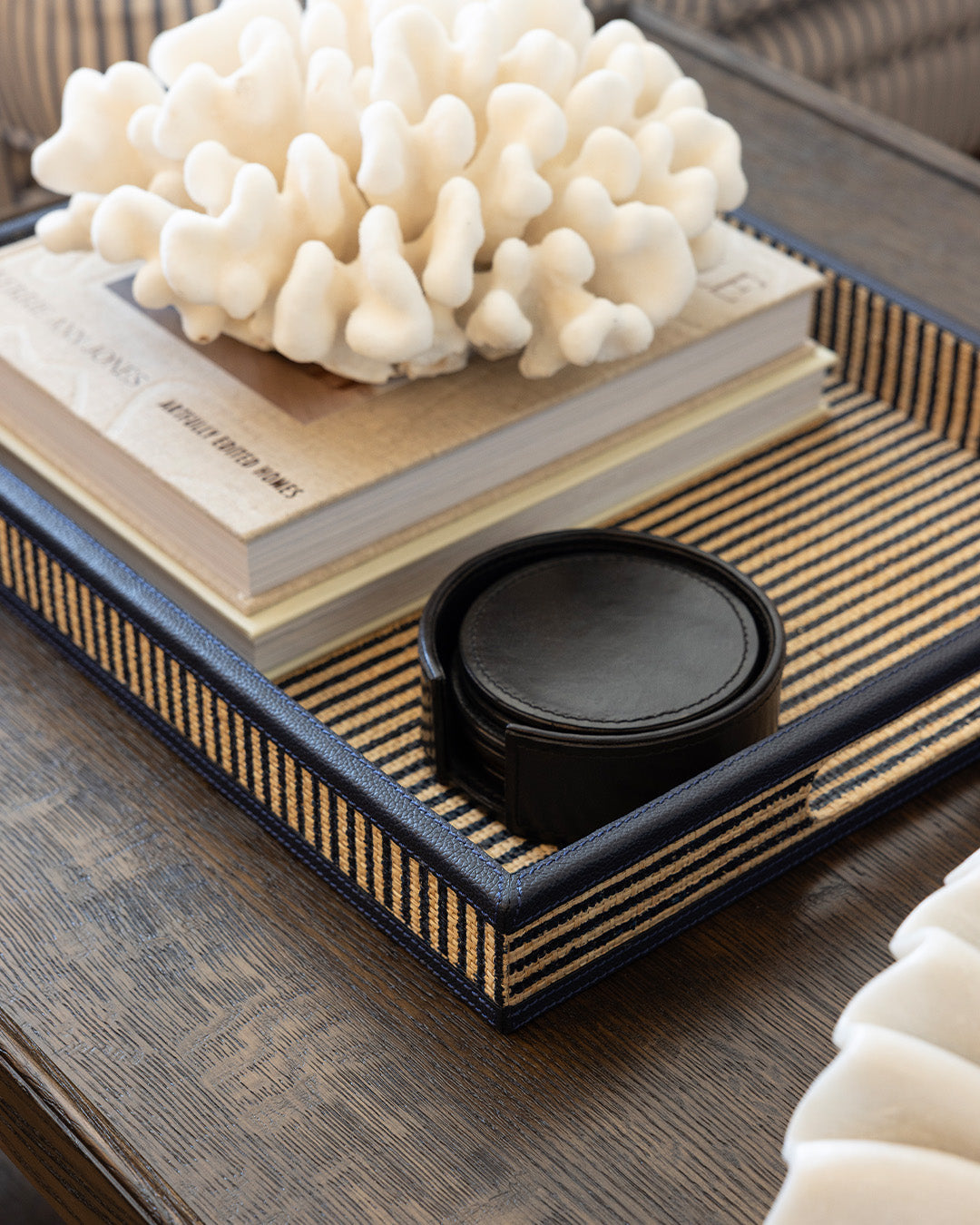 Navy Striped Raffia Tray