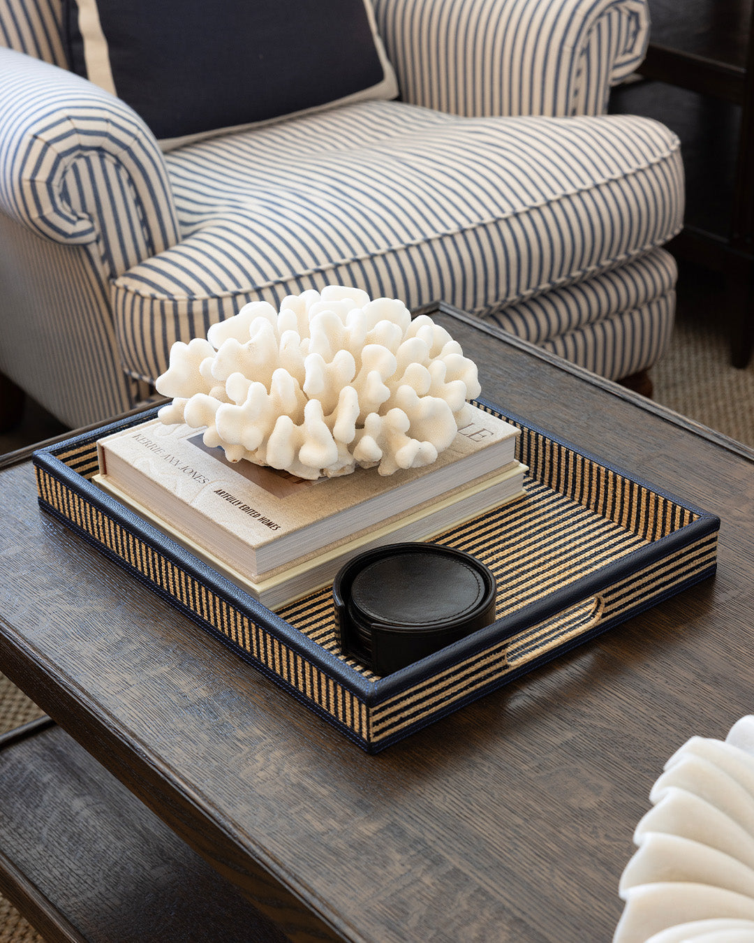 Navy Striped Raffia Tray