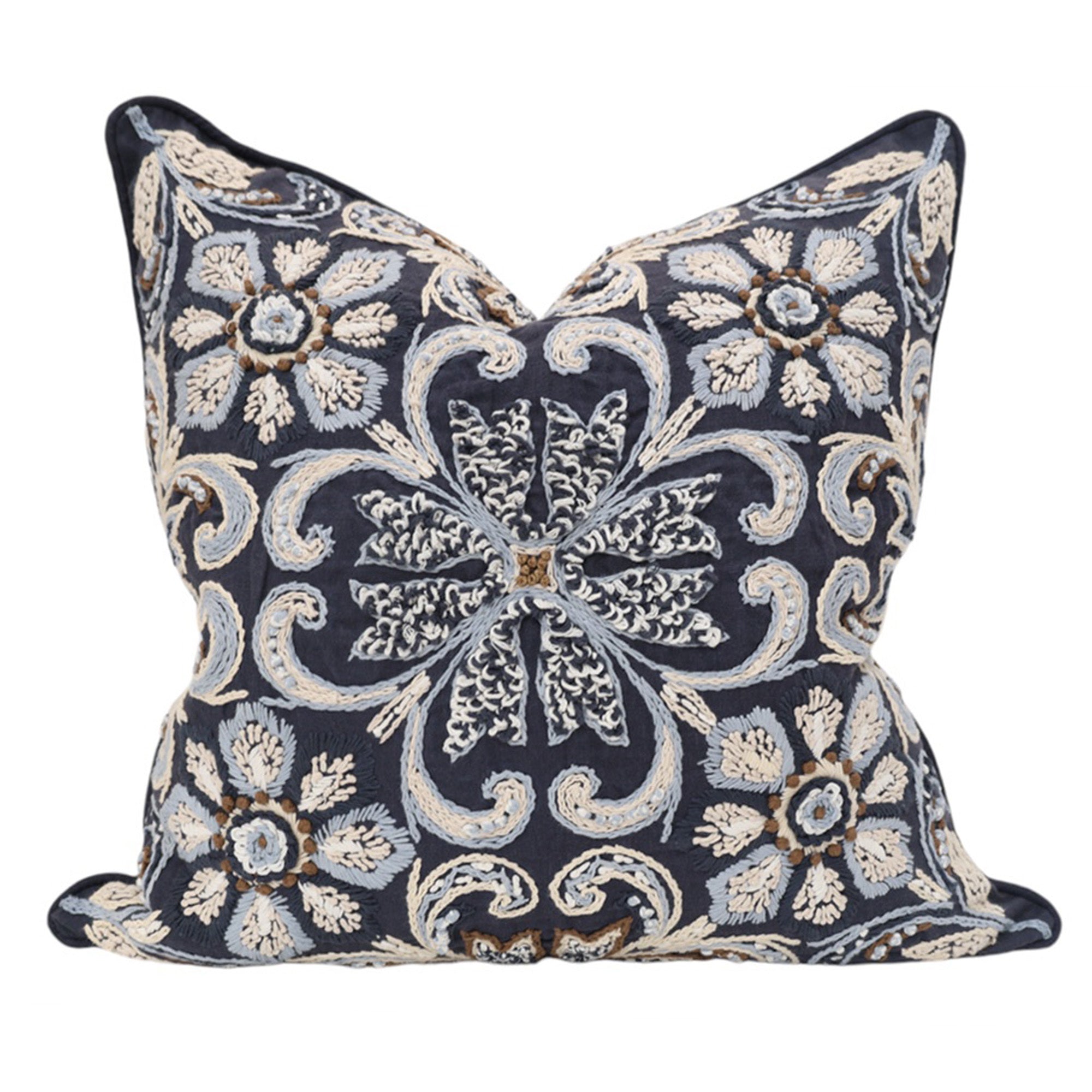 Navy Hand Embroidered Cushion