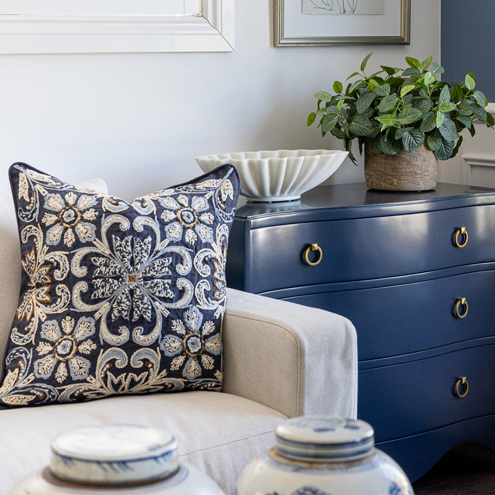 Navy Hand Embroidered Cushion