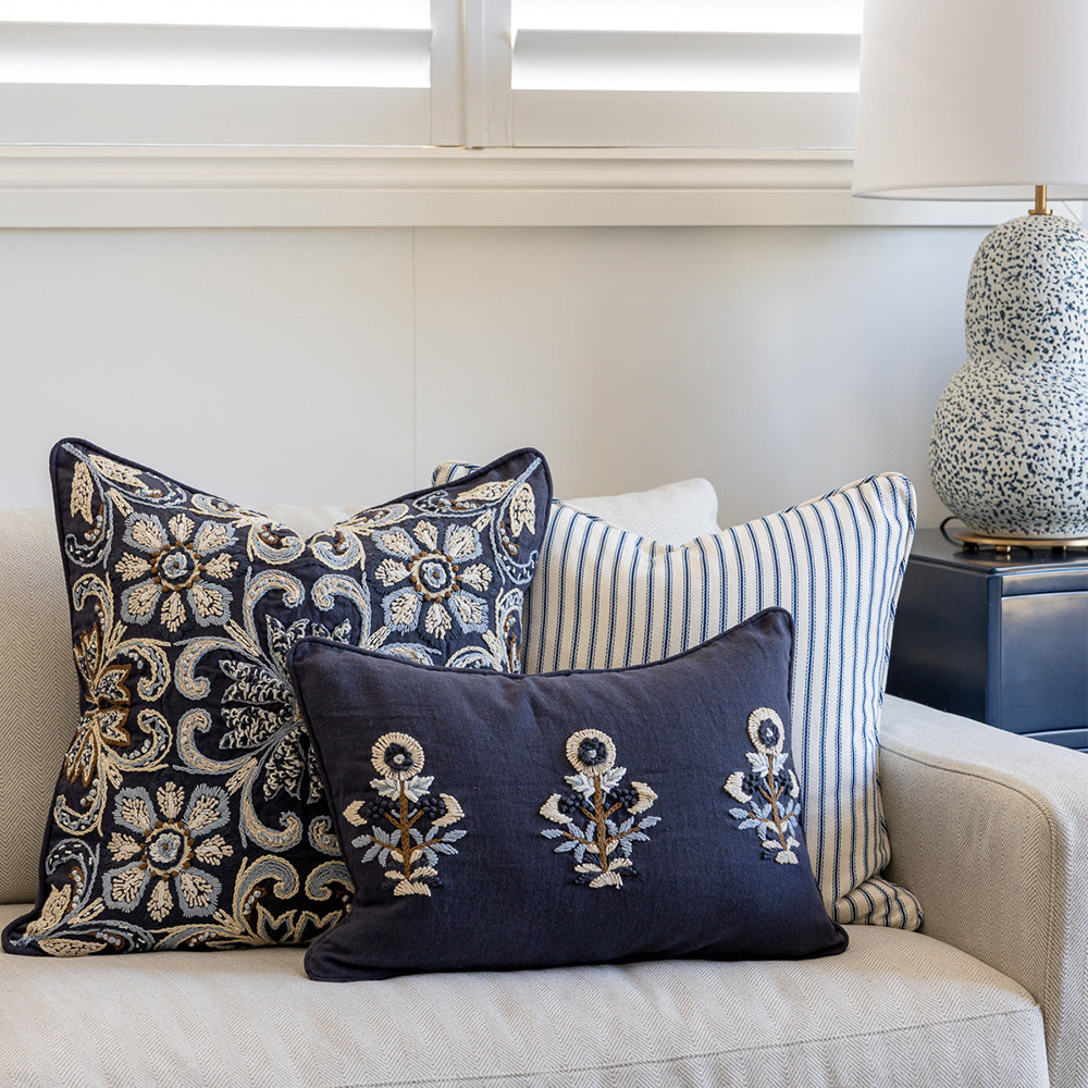 Navy Hand Embroidered Cushion