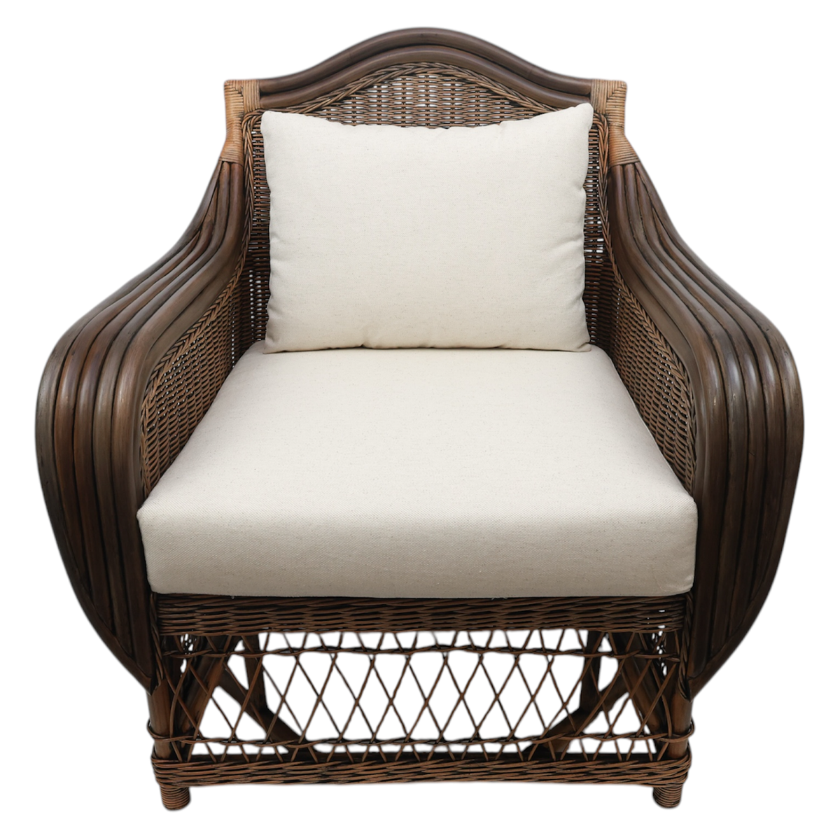 Front facing image of palmetto rattan chair. Neutral fabric upholstered seat and back cushion.