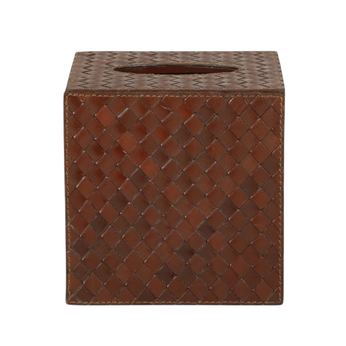 Woven brown leather square tissue box, front angle. White background.