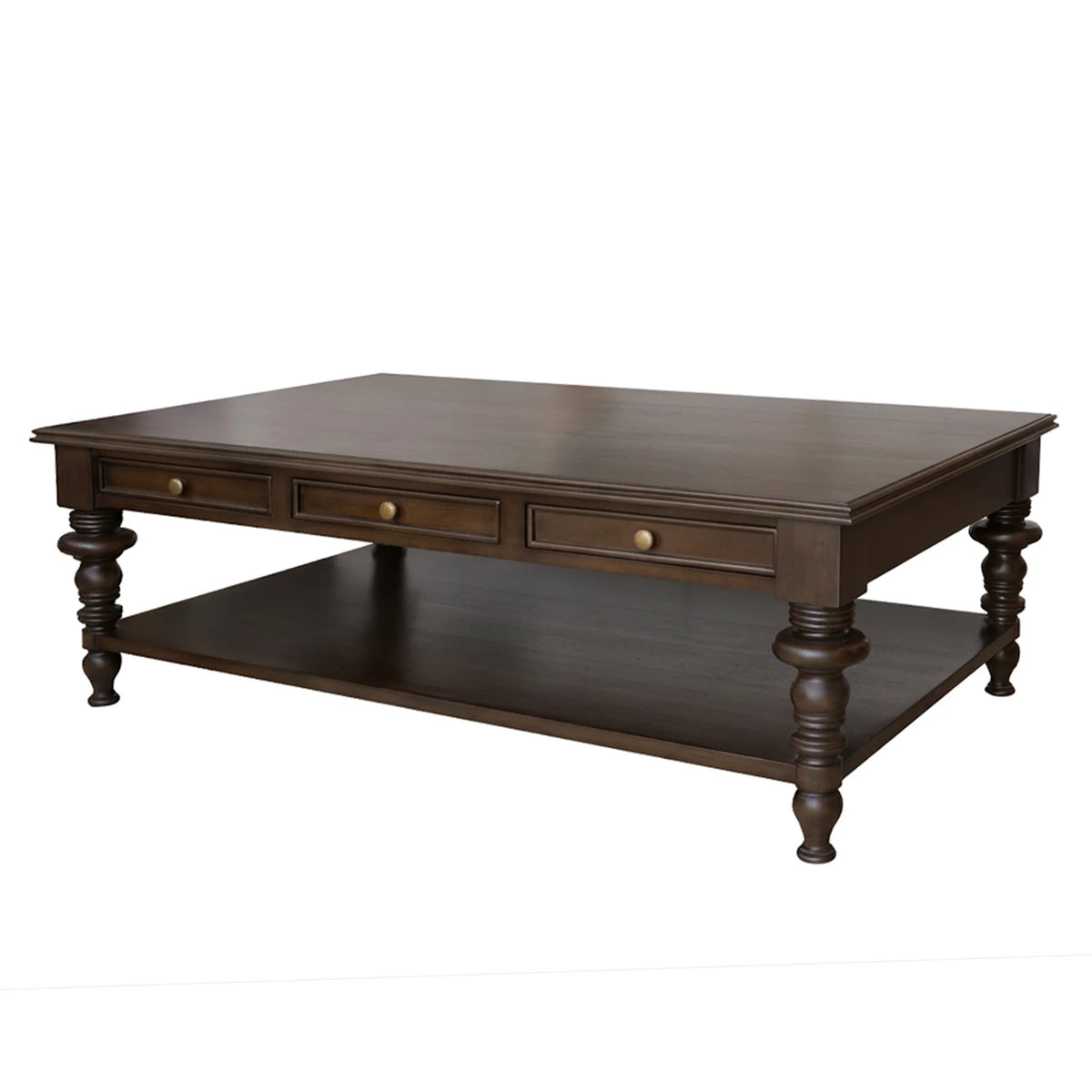 Coffee table with three drawers, brass knobs, turned legs and a lower shelf on white background.