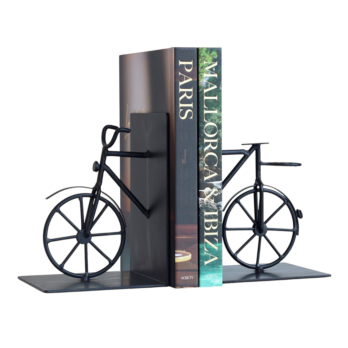 black bike bookends holding up two books on a white background.