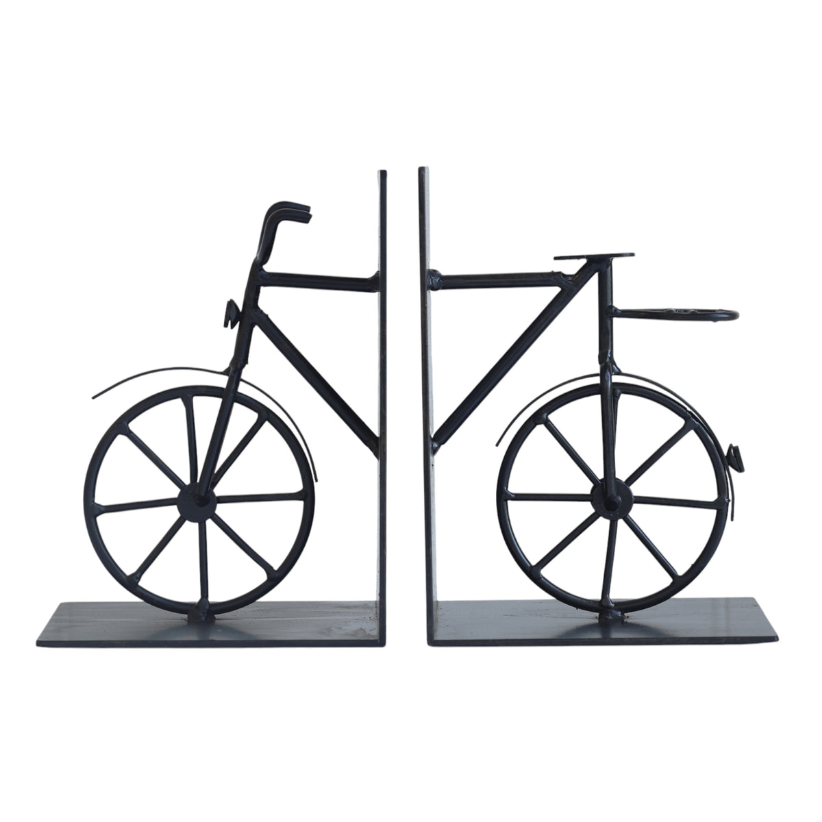 A pair of black metal bicycle bookends on a plain white background.