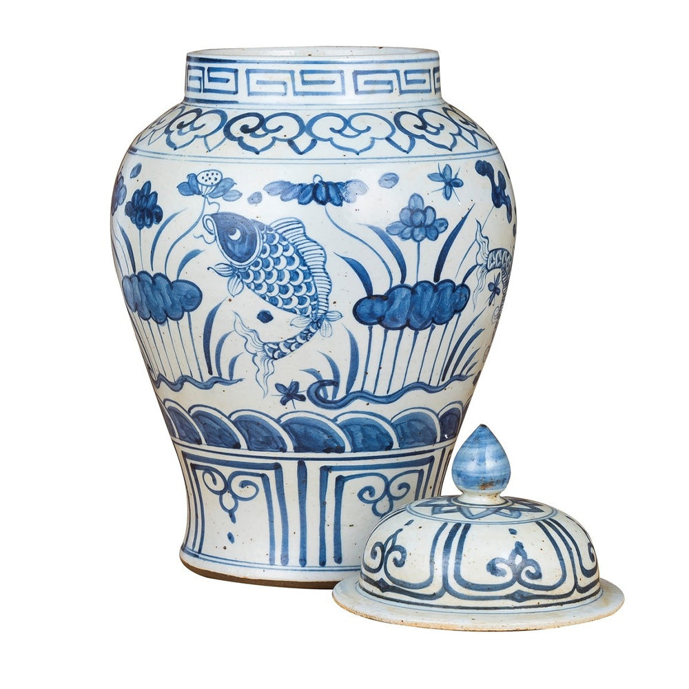 Blue & White Fish & Lotus Temple Jar Sml