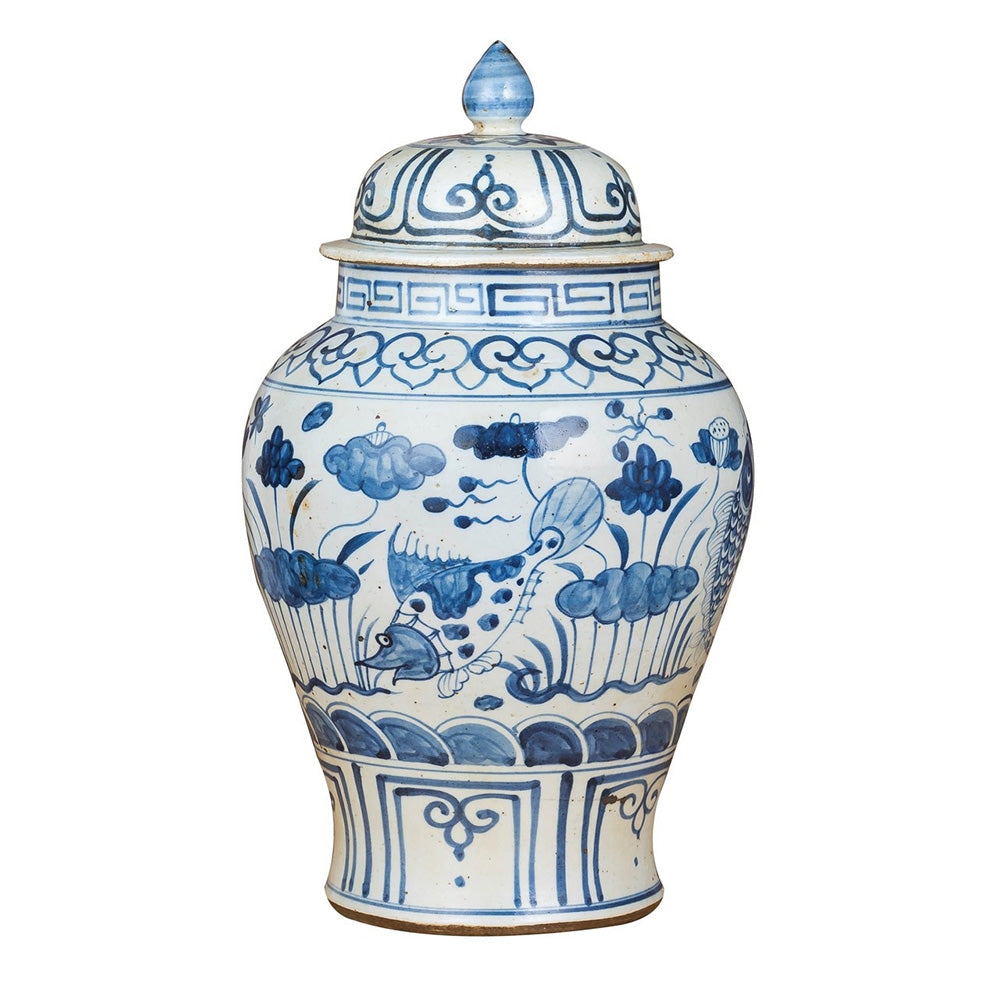Blue & White Fish & Lotus Temple Jar Sml