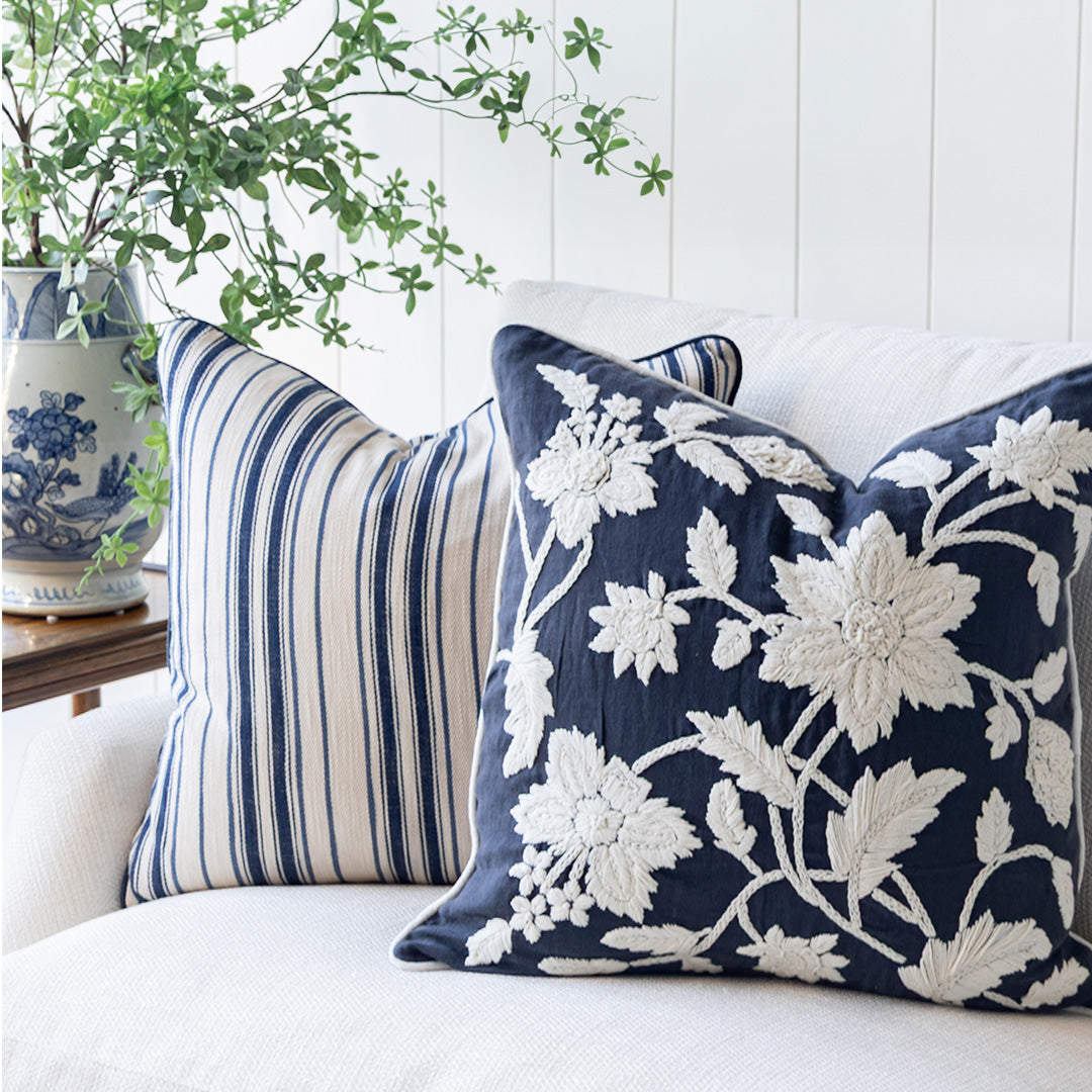 Navy & White Embroidered Floral Cushion