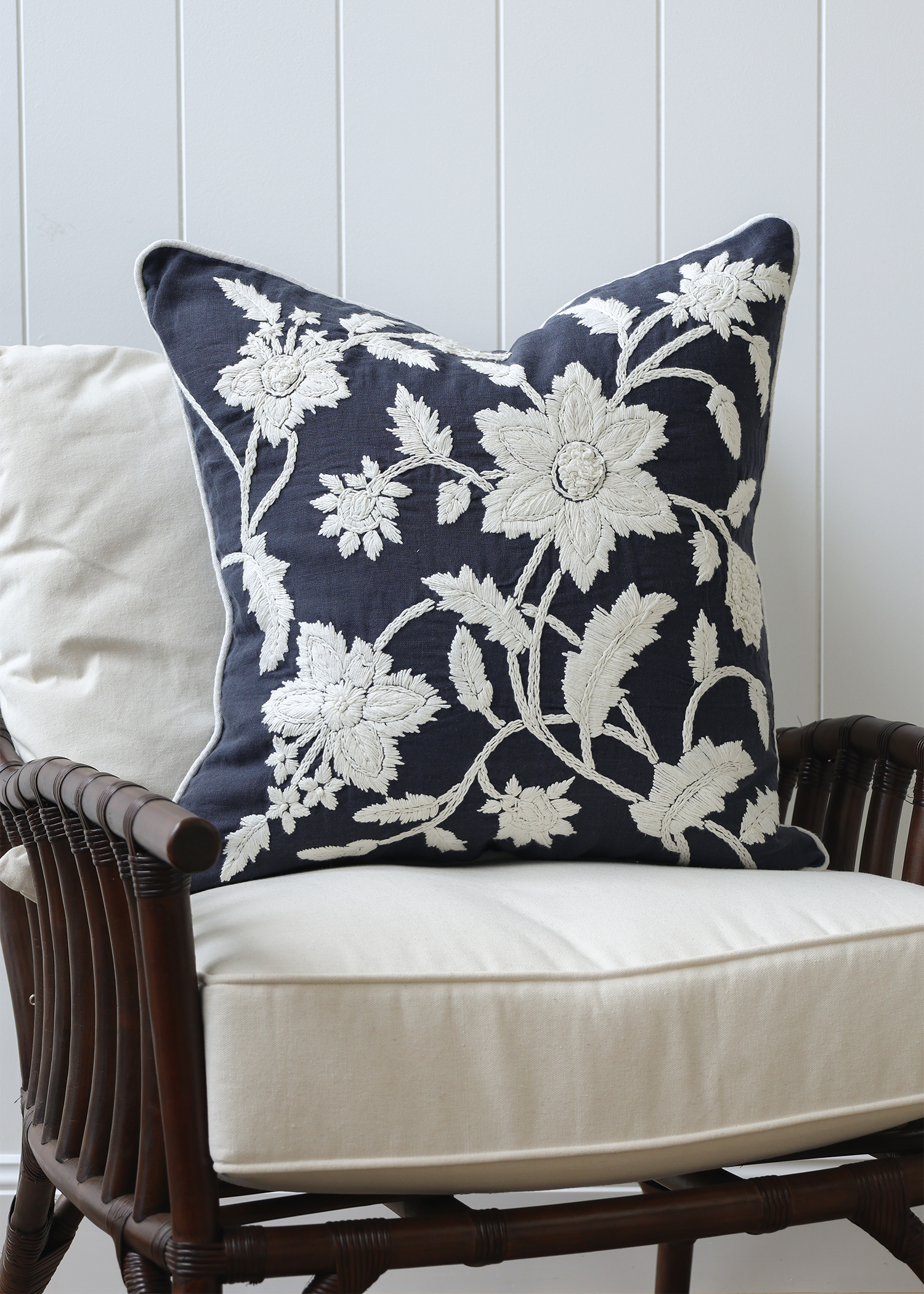 Navy & White Embroidered Floral Cushion