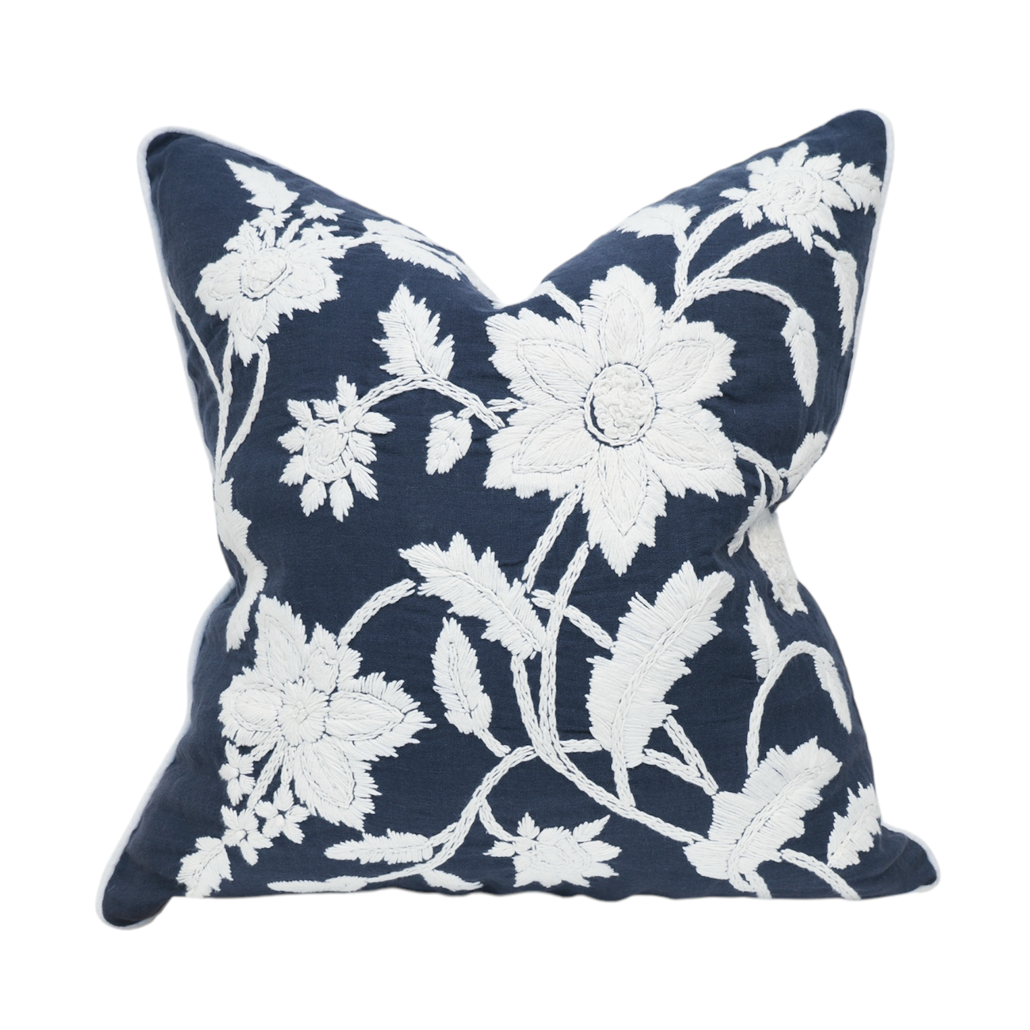 Navy & White Embroidered Floral Cushion