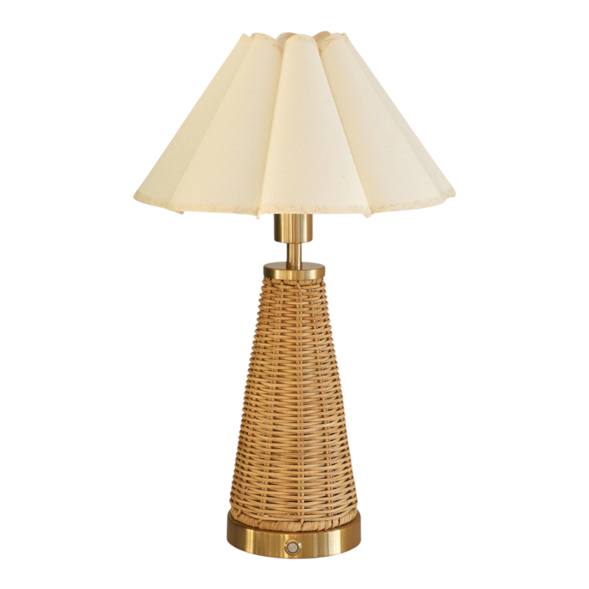 A table lamp with a natural woven rattan or wicker cone base, gold-finished metal accents, and a pleated cream fabric shade, shown against a plain white background.