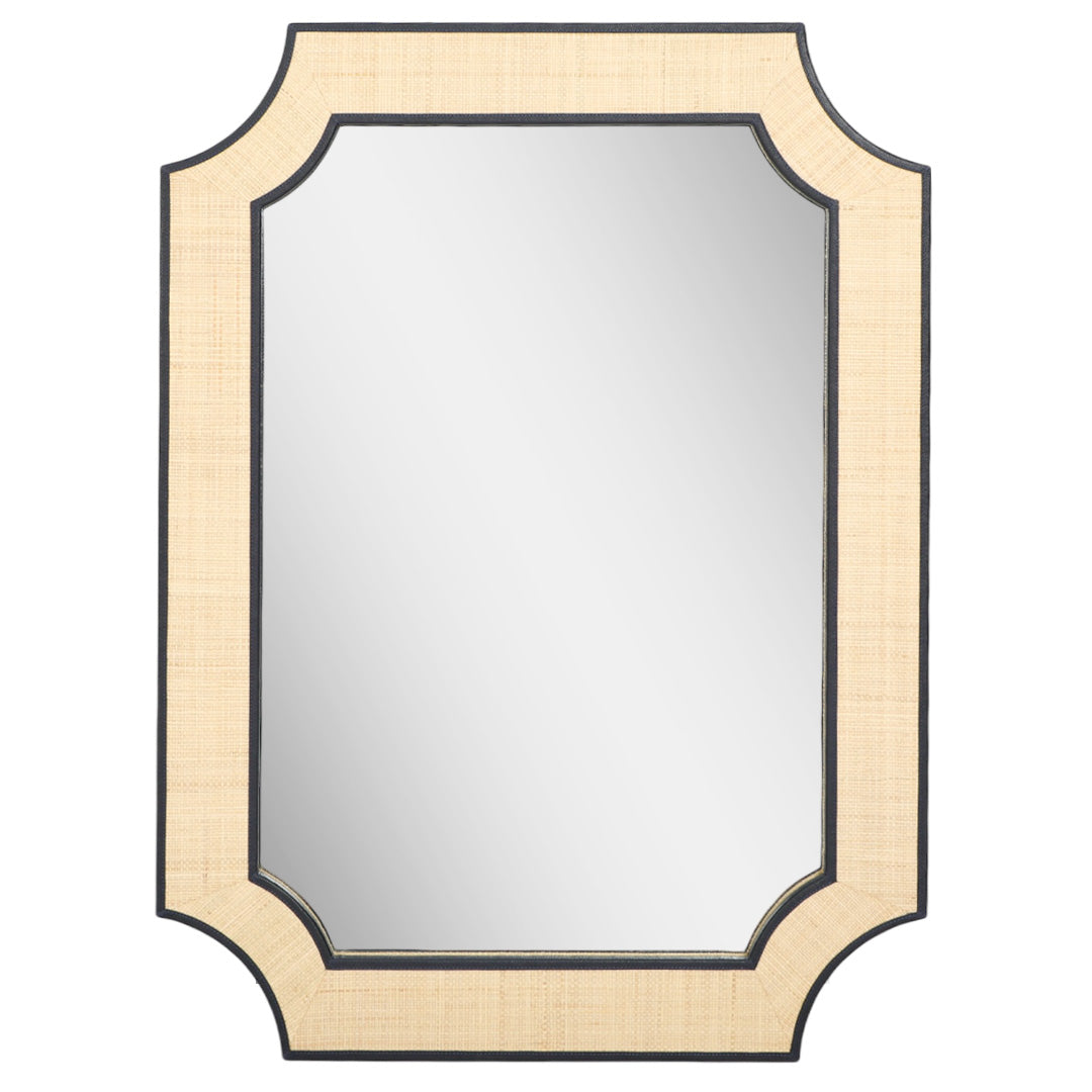 Raffia Mirror with Navy Leather